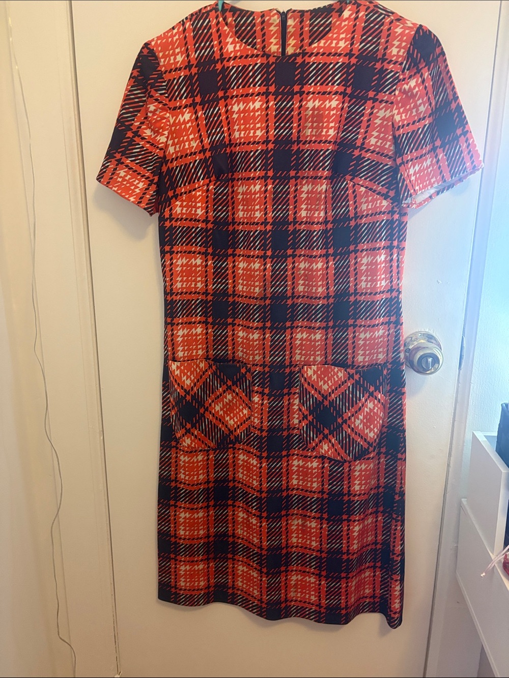 Vintage 70s Plaid Orange Black Dress Medium